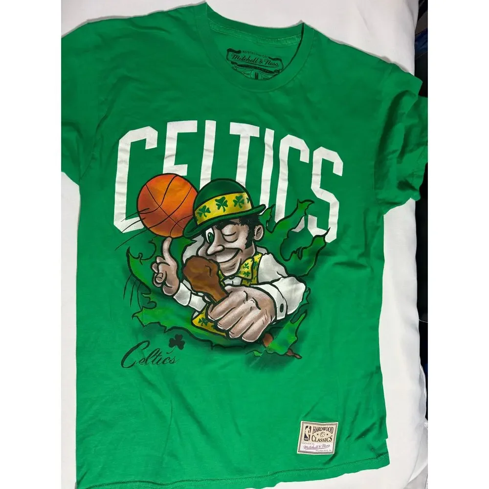 Mitchell And Ness Boston Celtics Green Shirt Size Medium Front Back Graphic